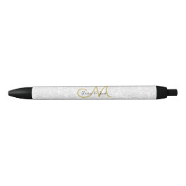 Caneta Preta Monograma de Casamento Elegante Dourado Branco Sim