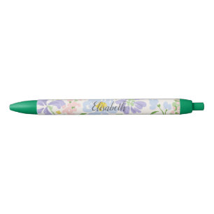 Caneta Preta Monograma de Flores de Peônia em Aquarela Elegante