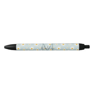 Caneta Preta Monograma de Letra com Flor de Margarida em Azul T