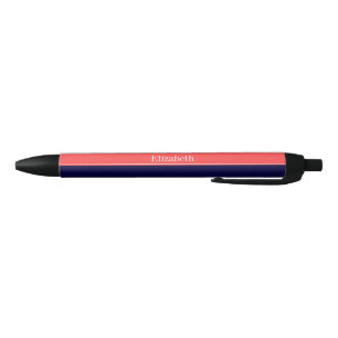 Caneta Preta Monograma de Nome com Fita Vermelho Coral Azul Mar