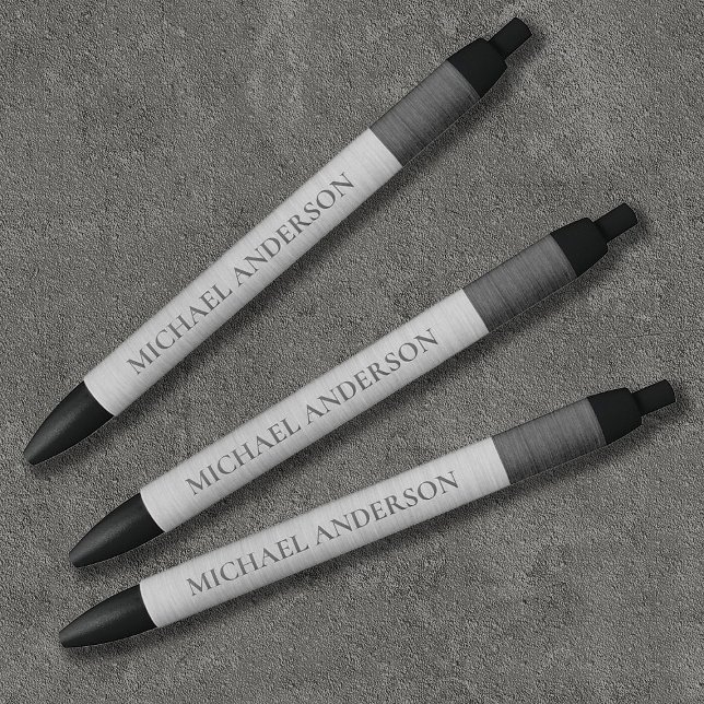 Caneta Preta Monograma de Nome de Metal Brushed Prata Moderno (Sophisticated silver and grey brushed metal pens. Personalize them with your name!)