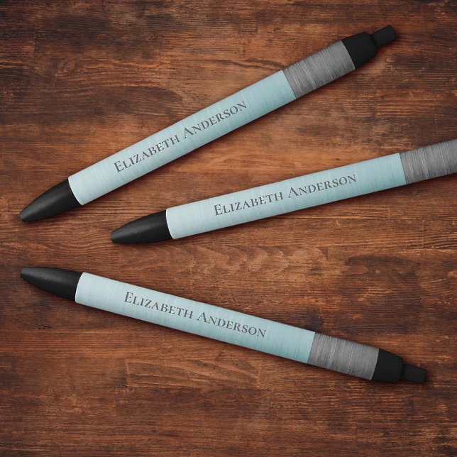 Caneta Preta Monograma de Nome Minimalista Moderno Azul Teal Me (Modern Metallic blue and grey monogram name office pens)