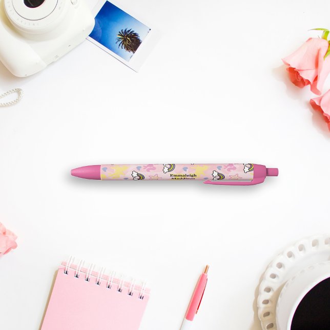 Caneta Preta Monograma de Unicórnios Whimsical e Rainbows (Criador carregado)