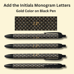 Caneta Preta Monograma Dourado Geométrico em Preto