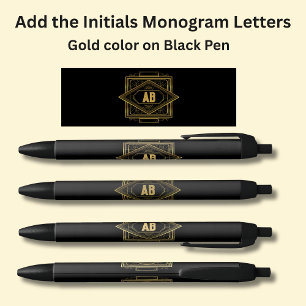 Caneta Preta Monograma Dourado Geométrico em Preto