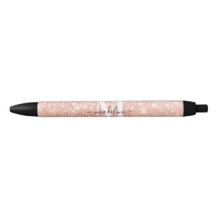 Caneta Preta Monograma Elegante Glamoroso Rosegold Glitter