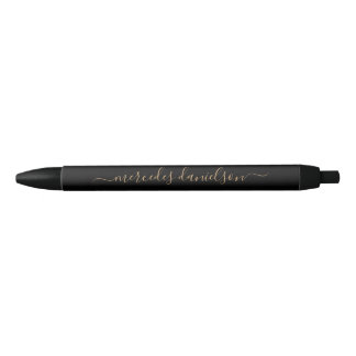 Caneta Preta Monograma Floral Chic Preto e Dourado em Letra de