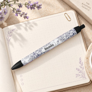 Caneta Preta Monograma Floral Preto Vintage Toile de Jouy