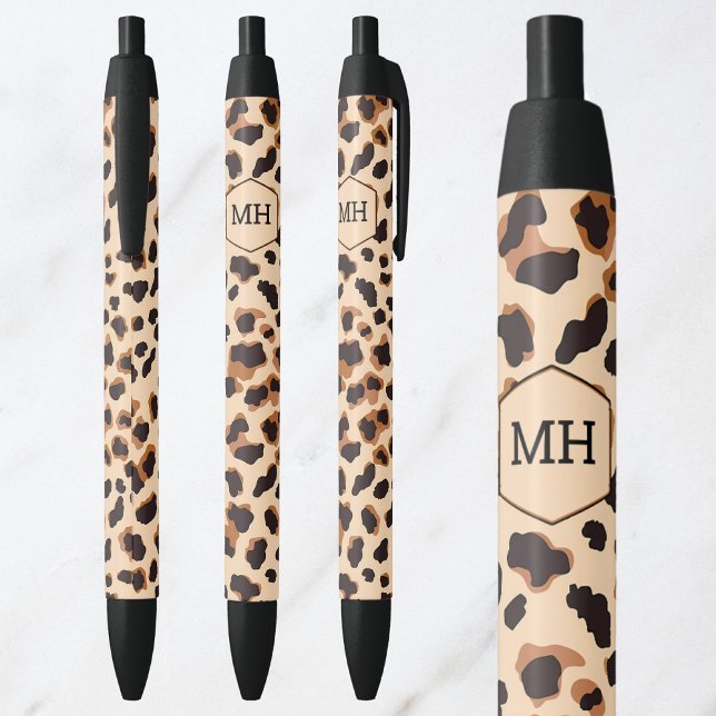 Caneta Preta Monograma Leopard Imprimir Padrão Preto Castanho (Monogram Leopard Print Brown Black Animal Pattern Pen)