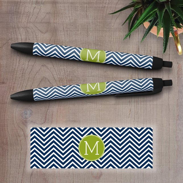 Caneta Preta Monograma Personalizado de Chevrons Azul e Verde l (Personalized Writing Pens)