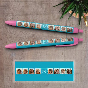 Caneta Preta Monograma Personalizado de Colagem de Fotos Azul A