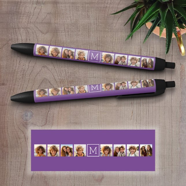 Caneta Preta Monograma Personalizado de Colagem de Fotos Branca (Personalized Writing Pens)