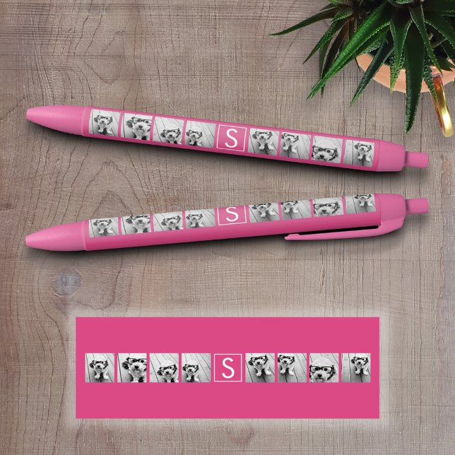 Caneta Preta Monograma Personalizado de Colagem de Fotos Branco (Personalized Writing Pens)