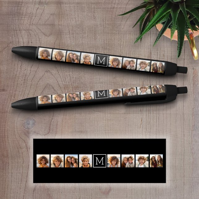 Caneta Preta Monograma Personalizado de Colagem de Fotos em Pre (Custom Pen - Personalize this writing pen with photos, your name, monogram or other text)