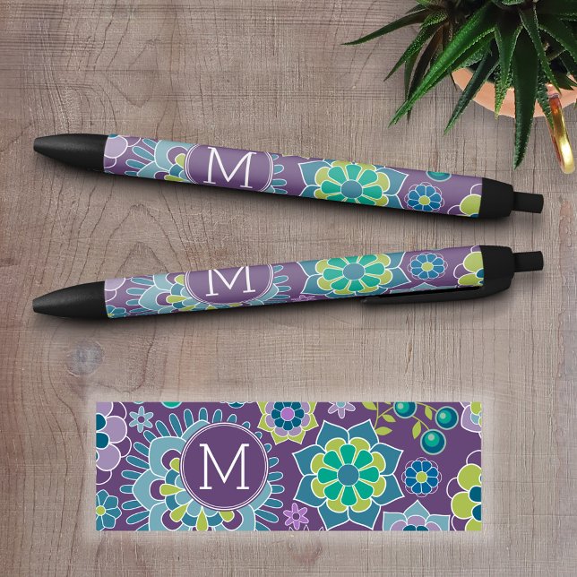 Caneta Preta Monograma Personalizado de Padrão Floral Colorido  (Custom Pen - Personalize this writing pen with your name, monogram or other text)