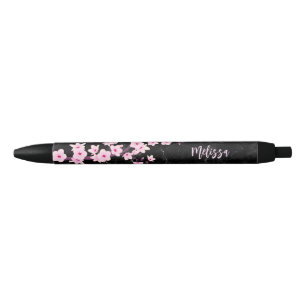 Caneta Preta Monograma preto cor-de-rosa de Blosssom da cereja
