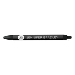 Caneta Preta Monograma Simples Preto e Branco Nome Personalizad