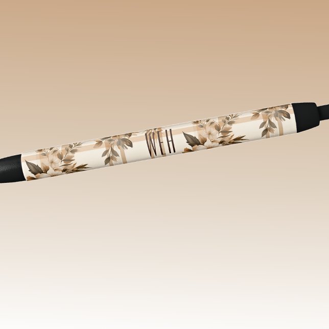 Caneta Preta Monograma | Tinta de Xadrez Floral de outono (Criador carregado)