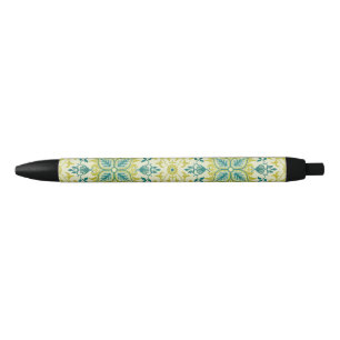 Caneta Preta Morris Amarelo Turquesa Padrão de Videira e Flor