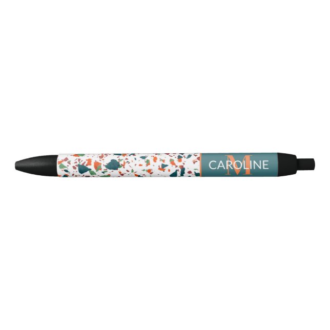 Caneta Preta Motif de Arte Terrazzo Verde Azul-Teal Personaliza (Frente)