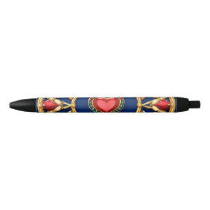 Caneta Preta Motivo de Coração com Moldura Dourada e Design Orn