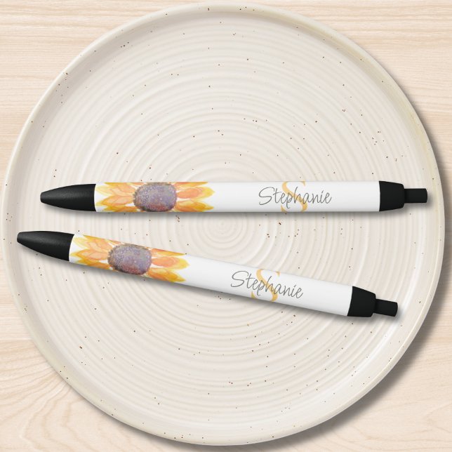 Caneta Preta Name Monogram Yellow Sunflower (Criador carregado)