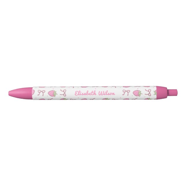 Caneta Preta Nome de Script de Laço de Morango Coquete Rosa Fem (Frente)