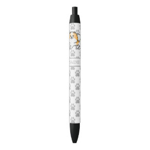 Caneta Preta Nome e Cão de Cartoon Pomeraniano de Cor Partida L
