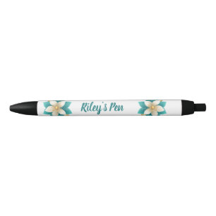 Caneta Preta Nome Floral Azul Elegante