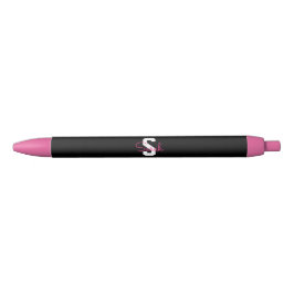 Caneta Preta Nome Fofo & Monograma | Preto Branco & Rosa