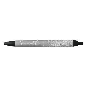 Caneta Preta Nome Glam Prateado Brilhante