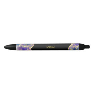 Caneta Preta Nome Monograma de Opala Preciosa Falsa Dourada Rox