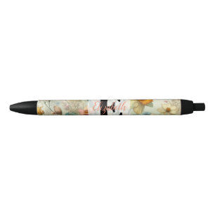 Caneta Preta Nome monograma em flores de aquarela vintage