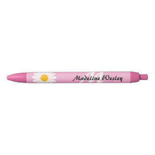 Caneta Preta Nome Monograma Feminino Flor Personalizado Rosa
