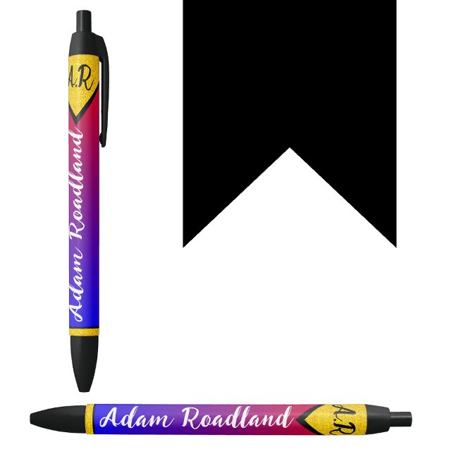 Caneta Preta Nome Monograma Inicial Moderno, Luxo Acessível (Modern style pen
Blue red gold pen
Initial monogrammed name pen
Affordable luxury pen)