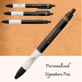 Caneta Preta Nome Monogramado & Assinatura Moderna