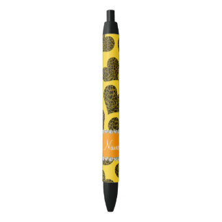 Caneta Preta Nome personalizado corações-leopardo amarelo