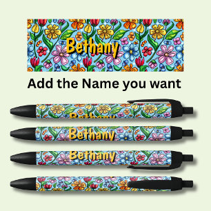 Caneta Preta Nome Personalizado Damas Flores Florais