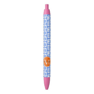 Caneta Preta Nome Personalizado do Monograma Laranja Corujas Az