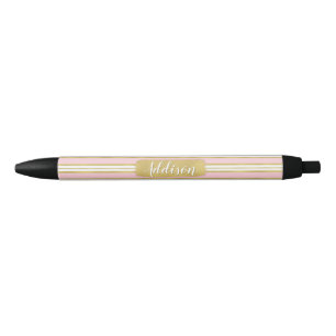 Caneta Preta Nome Personalizado do Padrão de Stripe Dourado da