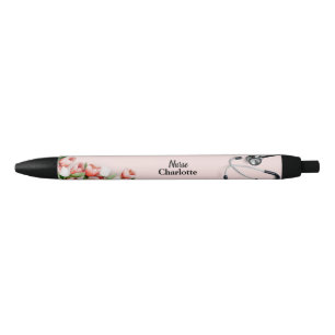 Caneta Preta Nome Personalizado Estetoscópio Floral Tulipa Rosa
