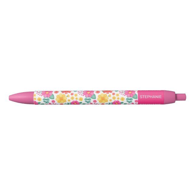 Caneta Preta Nome Personalizado Floral Amarelo Cor-de-Rosa Rosa (Frente)