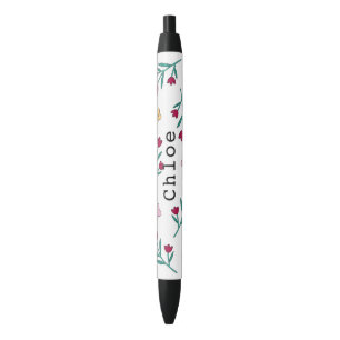 Caneta Preta Nome Personalizado Floral de Primavera de Cute Qui