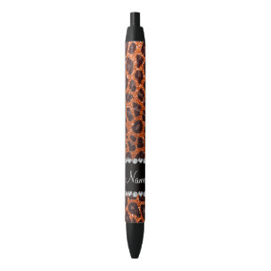 Caneta Preta Nome personalizado glitter laranja impressão leopa