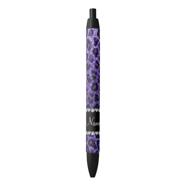 Caneta Preta Nome personalizado manchas-leopardo roxas (Frente Vertical)