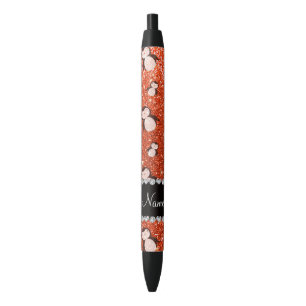 Caneta Preta Nome personalizado pinguins de brilho neon laranja