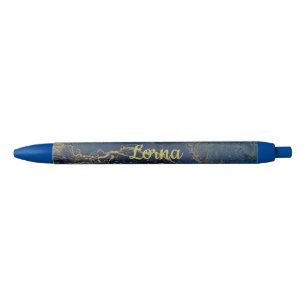 Caneta Preta Nome Personalizado Rastreio Azul Dourado do Marble