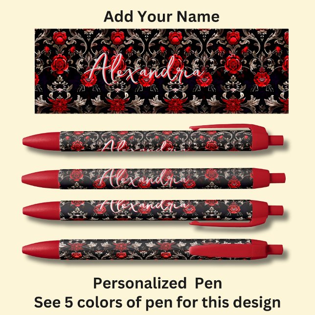Caneta Preta Nome Personalizado, Rosa vermelha em Vermelho (Criador carregado)