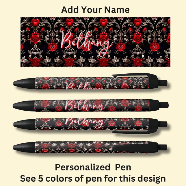 Caneta Preta Nome Personalizado, Rosas vermelhas em Preto (Criador carregado)