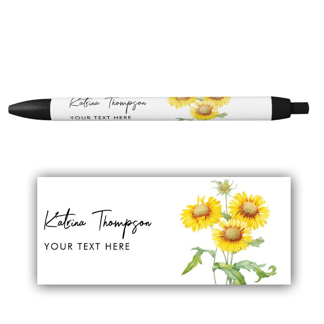 Caneta Preta Nome Personalizado & Texto Girassóis Amarelos Rúst (Personalized Name & Text Rustic Yellow Sunflowers Pen)